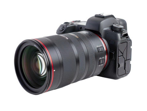 Side view of professional DSLR photo camera mirrorless body with zoom lens in various angles. PNG files of isolated cutout objects on transparent backgrounds. media technology and photography concepts