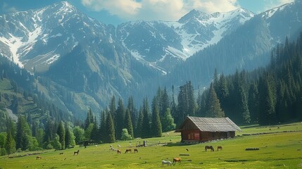 Vast grassland, grazing horses, wooden and stone house, dense forest, snow covered mountains. Generative AI.