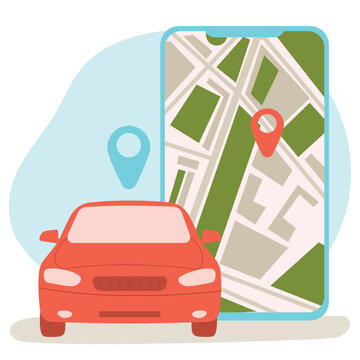 Online ordering taxi car, rent and sharing using service mobile application. Smartphone screen with route and points location on city map on car and urban landscape background