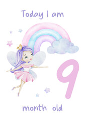 Baby Milestone Card of Cute little fairy, rainbow, clouds and stars. Baby's nine month. Nine months of baby girl. Monthly numbers cards. Newborn month postcard. Card for kids' photos.