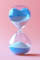 A close-up of a glass hourglass with blue sand, against a solid pink background