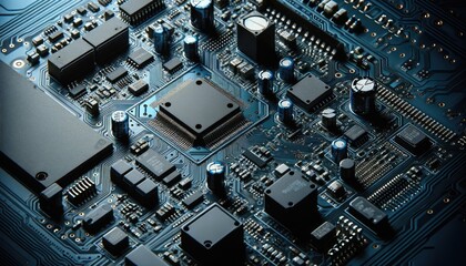 Fototapeta premium Dark blue circuit board featuring various components such as transistors, capacitors, microprocessors, and other elements.