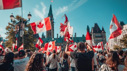 Canada day celebrating city. People with national flags. Background illustration generated by ai