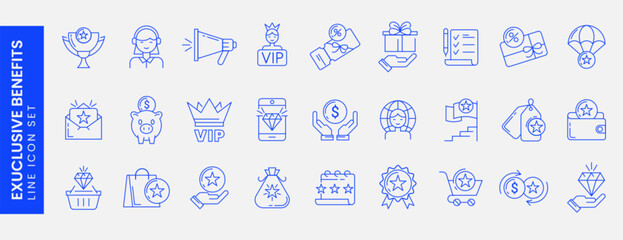 Exclusive benefit icons. Loyalty program line icon set with star, diamond, vip client, gift voucher, discount coupon, redeem points, prize, membership card. Special bonus symbol. Cashback, save money.