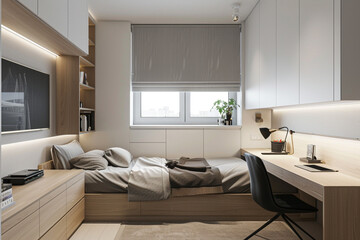 modern minimalist bedroom with desk and window.