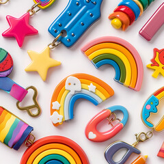 Close-up of LGBTQIA themed accessories on a white background