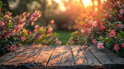 Springtime Beauty: Wooden Table in Garden with Lush Green Foliage and Flowering Branches Under Sunlight