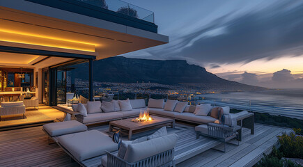 Obraz premium On the roof terrace of an elegant beachfront house, overlooking table mountain at night, there is modern outdoor furniture with wooden accents and white. Generative AI.