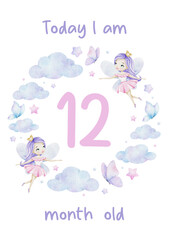 Baby Milestone Card of Cute little fairy, rainbow, clouds, stars and butterflies. Baby's twelve month. One year of baby girl. Monthly numbers cards. Newborn month postcard. Card for kids' photos.