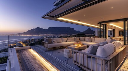 On the roof terrace of an elegant beachfront house, overlooking table mountain at night, there is modern outdoor furniture with wooden accents and white. Generative AI.