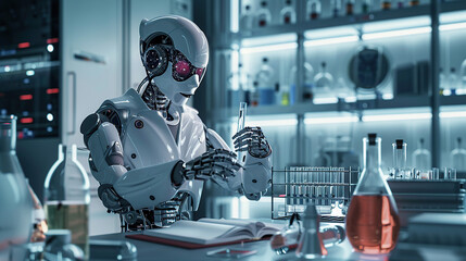 A group of robots working together in an AI laboratory, surrounded by holographic data and charts on the wall behind them