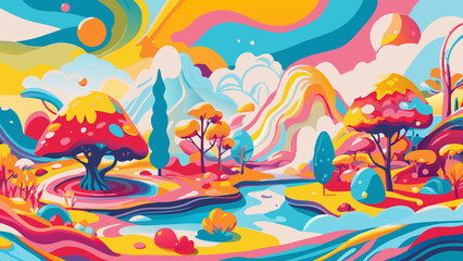 Fototapeta premium Vibrant Fantasy Landscape with Colorful Mushrooms and Whimsical Nature