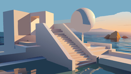 Surreal Staircase to the Moon Over Tranquil Water at Dusk