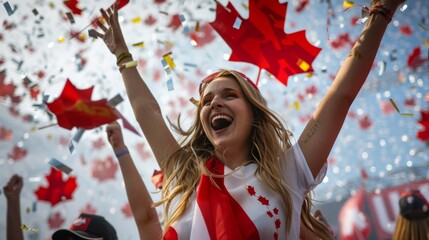 Canada day celebrating city. People with national flags. Background illustration generated by ai