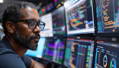 Technical expert analyzing data on screens