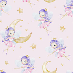 Cute Little fairies crescent moons and stars. Children's background. Watercolor baby seamless pattern for design kid's goods, postcards, baby shower and children's room