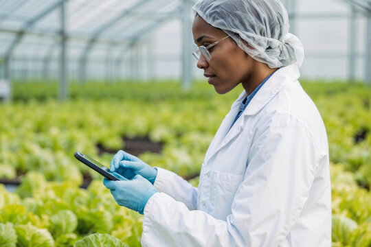 African American woman botany engineer analyzing plants she is holding a tablet and she is taking notes. Hydroponic agricultural system. Expert biologists quality inspection in green house plantation