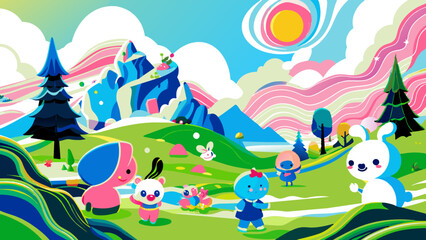 Obraz premium Colorful Cartoon Landscape with Cute Characters and Fantasy Mountains