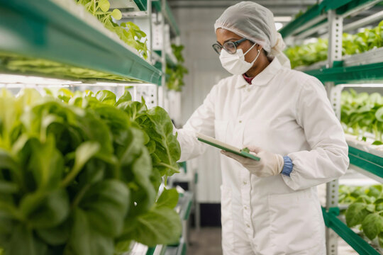 African American woman wearing a white lab coat and a mask is looking at a plant at farm she is holding a tablet and she is taking notes. Concept of agriculture hydroponics and biotechnology