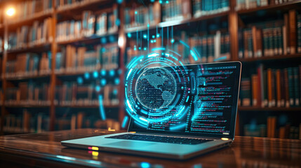 A laptop with an AI digital sphere hologram on the screen, displaying code and data streams in front of shelves filled with books in a library background