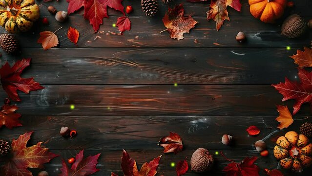 Concept of Thanksgiving day or Halloween. Thanksgiving background from dry leaves, pumpkin and pine cones. on wood Table Top. Thanksgiving Greetings.  Copy space for text. Thanksgiving Greeting Card  