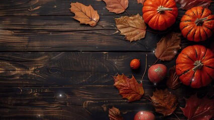 Concept of Thanksgiving day or Halloween. Thanksgiving background from dry leaves, pumpkin and pine cones. on wood Table Top. Thanksgiving Greetings.  Copy space for text. Thanksgiving Greeting Card  