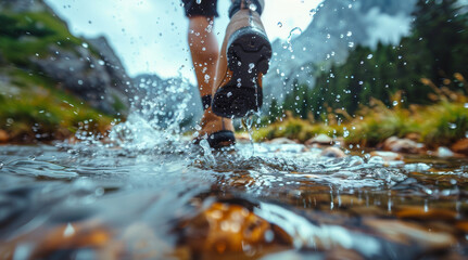 Fototapeta premium Water splashing onto foot Adventurous man enjoying mountain hiking solo traveling outdoor active vacations travel backpack. Generative AI.