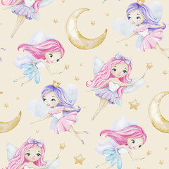 Cute Little fairies crescent moons and stars. Children's background. Watercolor baby seamless pattern for design kid's goods, postcards, baby shower and children's room