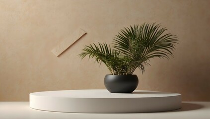 minimal background with clean podium for product presentation, leaf around the podium
