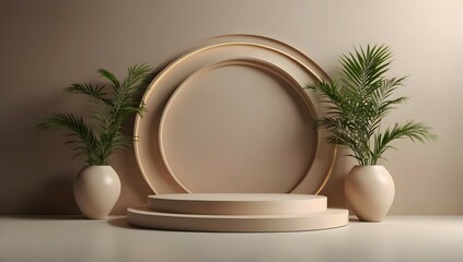 minimal background with clean podium for product presentation, leaf around the podium