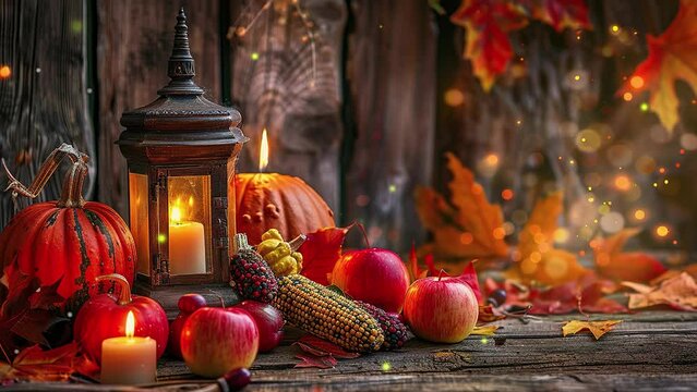 Concept of Thanksgiving day or Halloween. Wooden table with lantern and candles decorated with pumpkins, apple, and corncobs. Copy space for text. Thanksgiving greeting card, background, and wallpaper