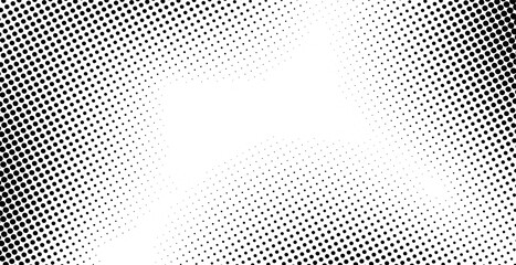 Abstract gradient halftone wave dotted textured pattern. Black grunge speckle on white background overlay. Retro comic pop art backdrop with halftone dots design
