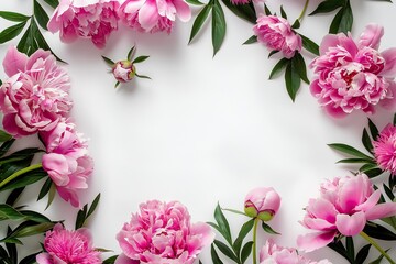 Fototapeta premium Frame made of beautiful peony flowers on white background. Flat lay, copy space, summer flowers