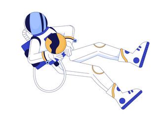 Astronaut holding planet 2D linear cartoon character. Cosmos explorer in protective suit isolated line vector person white background. Researching deep space color flat spot illustration