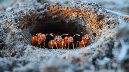 A close-up of a sugar ant nest in soil, with visible tunnels and ants carrying food into the nest