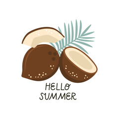 Summer card with coconuts, palm leaves. Hand lettering "Hello Summer".
