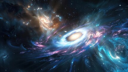 Obraz premium Quasars powerful energy jets interacting with interstellar medium, breathtaking scene