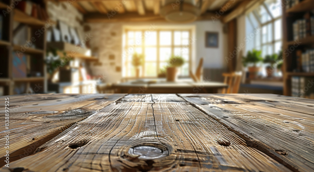 Poster A rustic wooden table surface at the bottom of the frame with a blurred out-of-focus background of a rural home office, with wooden beams. Generative AI.