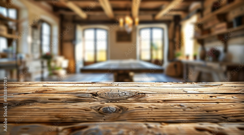 Poster A rustic wooden table surface at the bottom of the frame with a blurred out-of-focus background of a rural home office, with wooden beams. Generative AI.