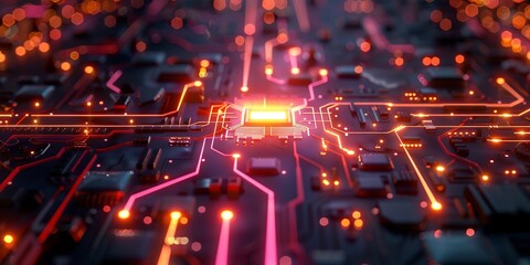 Obraz premium abstract illustration of colorful neon circuit with glowing orange lamp on black surface