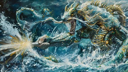 Poseidon controlling a mechanical sea serpent, his trident emitting electrical sparks in a cybernetic ocean