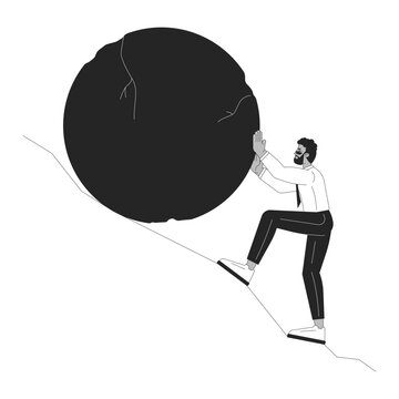 recommend clip art: Crushing reality black and white cartoon flat illustration. African american man pushing rock uphill 2D lineart character isolated. Fighting unemployment monochrome scene vector outline image