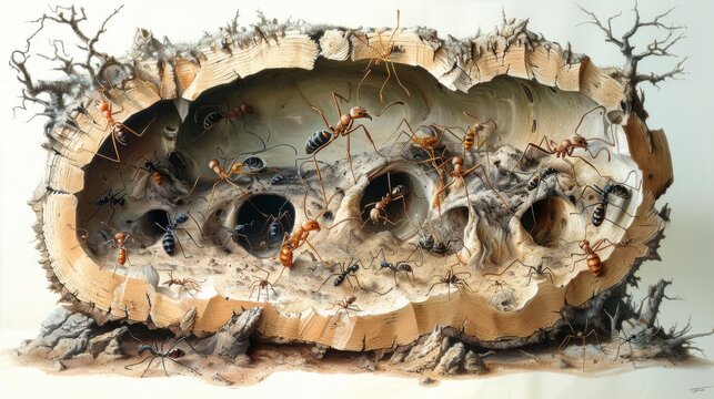 A cross-sectional illustration of a slave-making ant nest, showing the complex structure and the different types of ants within