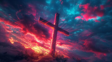 Cross with colorful, glowing sky, high detail, vibrant colors, spiritual light, peaceful setting 8K , high-resolution, ultra HD,up32K HD