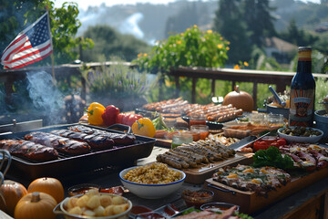 A classic 4th of July barbecue scene with a festive and patriotic atmosphere, set up for outdoor cooking and gathering with family and friends.