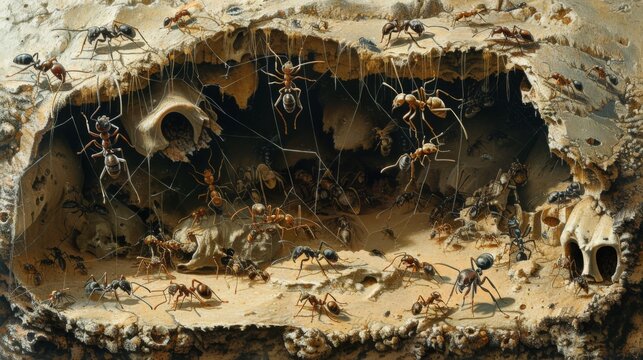 A cross-sectional illustration of a slave-making ant nest, showing the complex structure and the different types of ants within