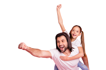 Close up photo beautiful she her little lady he him his daddy dad hold little princess piggyback hands arms ready fly save people wear casual white t-shirts denim jeans isolated pink bright background
