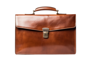 Sophisticated Elegance: A Timeless Brown Leather Briefcase on a White or Clear Surface PNG Transparent Background.