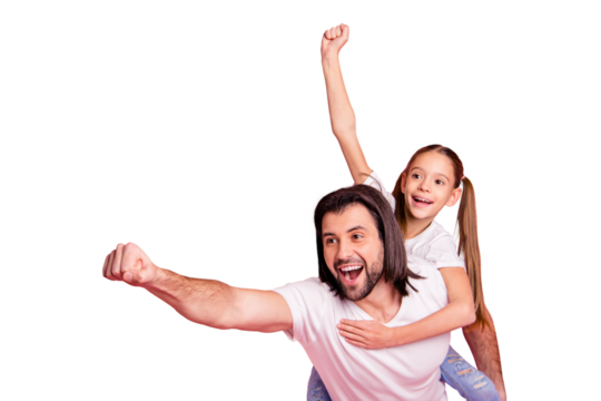 Close up photo beautiful she her little lady he him his daddy dad hold little princess piggyback hands arms ready fly save people wear casual white t-shirts denim jeans isolated pink bright background - Powered by Adobe