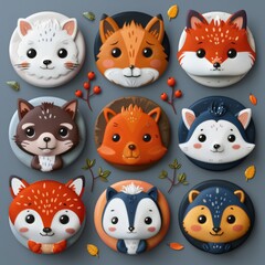 Whimsical Animal Faces Round Pin Set - Vibrant Colors & Adorable Designs for Rabbit, Fox, Squirrel, Hedgehog Lovers
